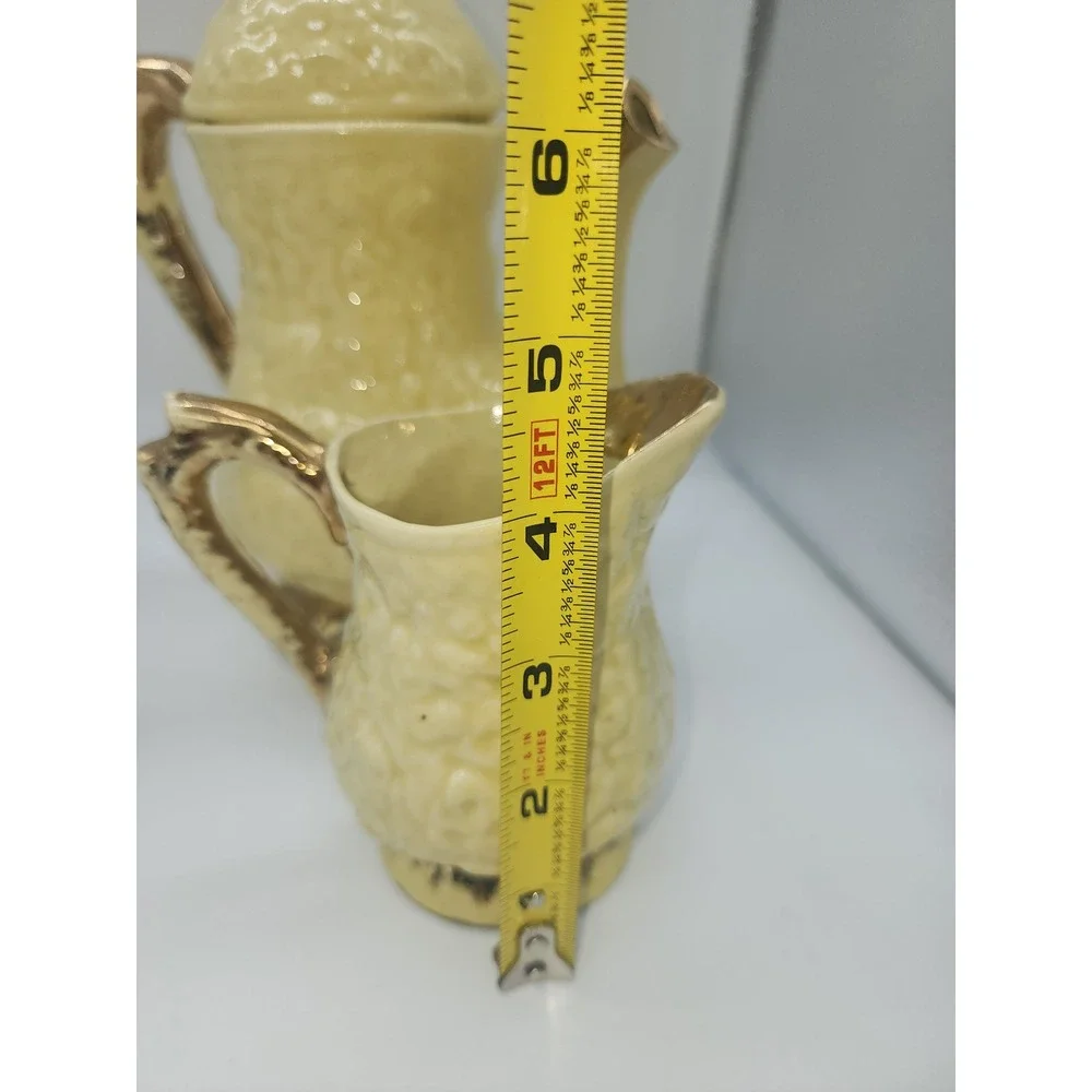 Vintage Yellow Ceramic Tea Set Embossed Floral Gold Trim Teapot Sugar Creamer